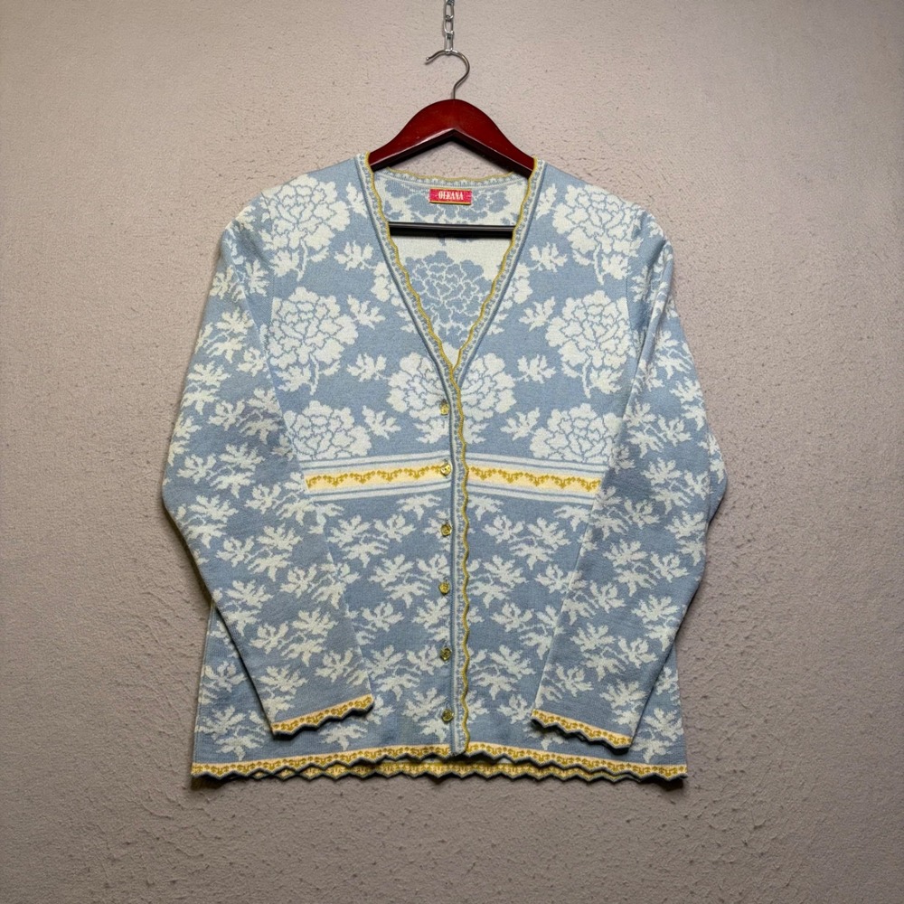 Oleana Cardigan Sweater Women Medium Blue Floral Wool Silk Norway V-Neck 5267